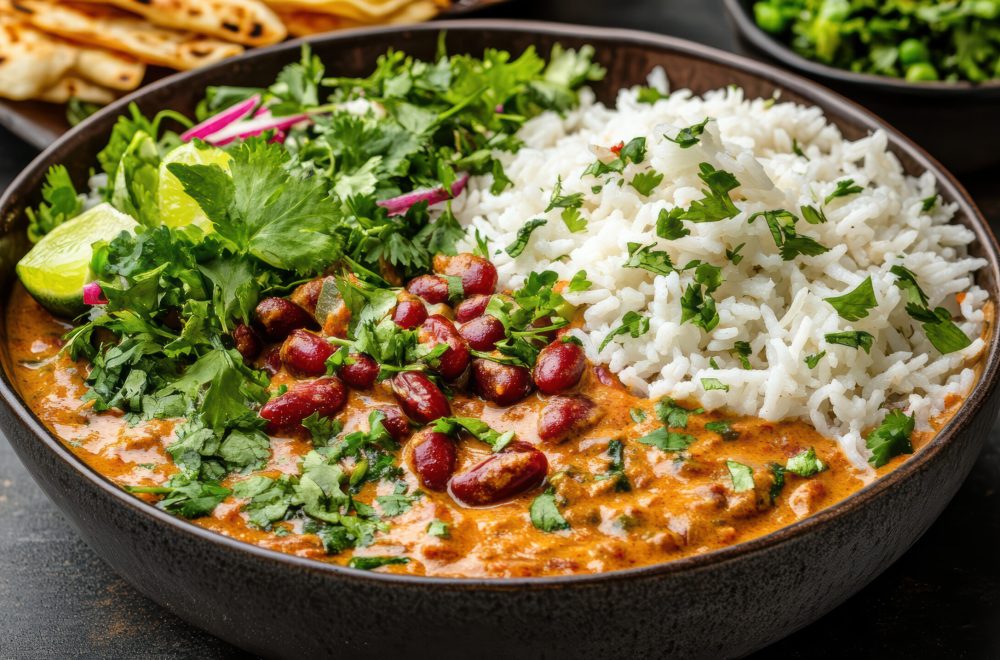Creamy rajma curry with steamed rice, fresh herbs, and side salad creates delightful meal